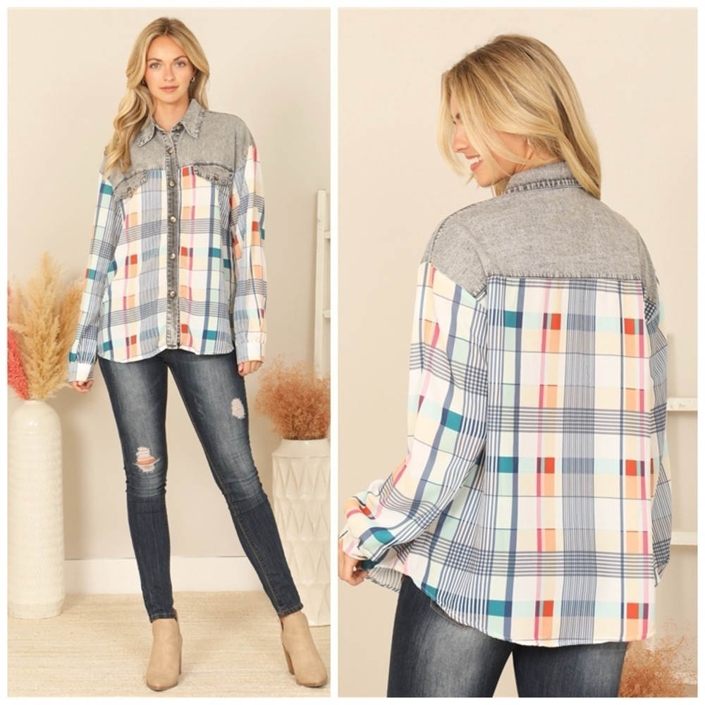 LAST CHANCE! DENIM GREY COMBO LONG SLEEVE PLAID LIGHTWEIGHT TOP/SHACKET! - Picture 3 of 5